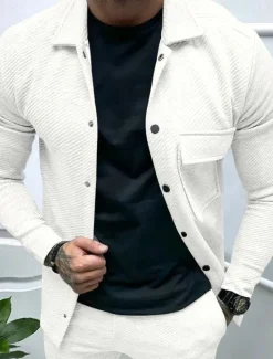 Online OUKU Men's Shirt Jacket Transition Jacket Daily Lightweight Jacquard Summer Spring Plain Classic Lapel Black White Khaki Light Grey Dark Gray Jacket