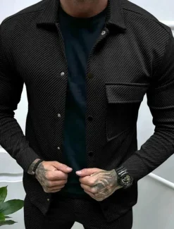 Online OUKU Men's Shirt Jacket Transition Jacket Daily Lightweight Jacquard Summer Spring Plain Classic Lapel Black White Khaki Light Grey Dark Gray Jacket