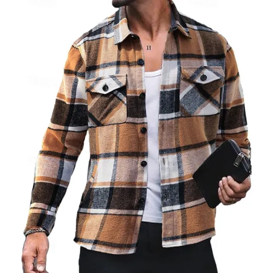 Best OUKU Men's Shirt Jacket Winter Jacket Shacket Plaid / Check Vacation Daily Wear Red Blue Orange Brown Long Sleeve Lapel Winter Autumn / Fall Clothing Apparel Pocket