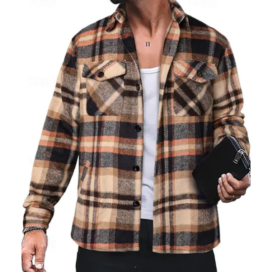 Best OUKU Men's Shirt Jacket Winter Jacket Shacket Plaid / Check Vacation Daily Wear Red Blue Orange Brown Long Sleeve Lapel Winter Autumn / Fall Clothing Apparel Pocket