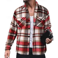 Best OUKU Men's Shirt Jacket Winter Jacket Shacket Plaid / Check Vacation Daily Wear Red Blue Orange Brown Long Sleeve Lapel Winter Autumn / Fall Clothing Apparel Pocket