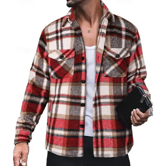 Best OUKU Men's Shirt Jacket Winter Jacket Shacket Plaid / Check Vacation Daily Wear Red Blue Orange Brown Long Sleeve Lapel Winter Autumn / Fall Clothing Apparel Pocket