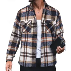 Best OUKU Men's Shirt Jacket Winter Jacket Shacket Plaid / Check Vacation Daily Wear Red Blue Orange Brown Long Sleeve Lapel Winter Autumn / Fall Clothing Apparel Pocket