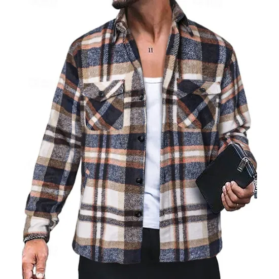 Best OUKU Men's Shirt Jacket Winter Jacket Shacket Plaid / Check Vacation Daily Wear Red Blue Orange Brown Long Sleeve Lapel Winter Autumn / Fall Clothing Apparel Pocket
