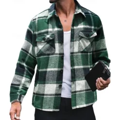 Best OUKU Men's Shirt Jacket Winter Jacket Shacket Plaid / Check Vacation Daily Wear Red Blue Orange Brown Long Sleeve Lapel Winter Autumn / Fall Clothing Apparel Pocket