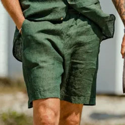 Discount OUKU Men's Shirt Linen Shirt 2 Piece Shirt Set Matching Sets Plain Outdoor Street Short Sleeves Summer Spring Clothing Apparel Green