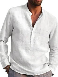 Online OUKU Men's Shirt Linen Shirt Band Collar Shirt Summer Shirt Beach Wear Solid Color Street Hawaiian Light Blue Wine Red Black White Long Sleeve Collar Summer Spring Clothing Apparel