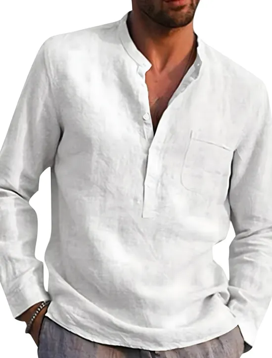 Online OUKU Men's Shirt Linen Shirt Band Collar Shirt Summer Shirt Beach Wear Solid Color Street Hawaiian Light Blue Wine Red Black White Long Sleeve Collar Summer Spring Clothing Apparel