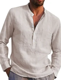Online OUKU Men's Shirt Linen Shirt Band Collar Shirt Summer Shirt Beach Wear Solid Color Street Hawaiian Light Blue Wine Red Black White Long Sleeve Collar Summer Spring Clothing Apparel