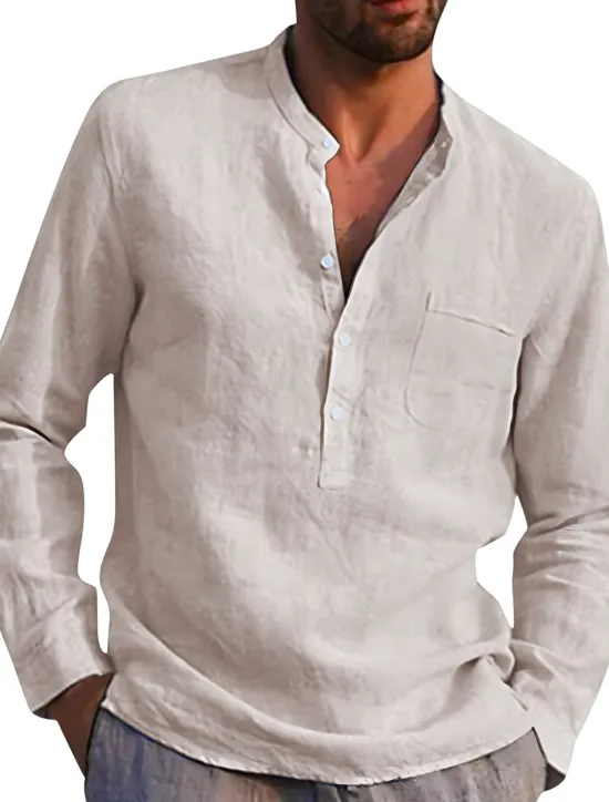 Online OUKU Men's Shirt Linen Shirt Band Collar Shirt Summer Shirt Beach Wear Solid Color Street Hawaiian Light Blue Wine Red Black White Long Sleeve Collar Summer Spring Clothing Apparel
