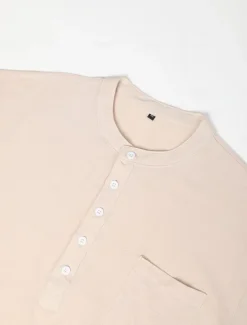 Online OUKU Men's Shirt Linen Shirt Band Collar Shirt Summer Shirt Beach Wear Solid Color Street Hawaiian Light Blue Wine Red Black White Long Sleeve Collar Summer Spring Clothing Apparel