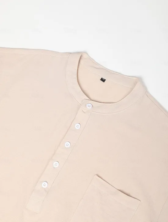 Online OUKU Men's Shirt Linen Shirt Band Collar Shirt Summer Shirt Beach Wear Solid Color Street Hawaiian Light Blue Wine Red Black White Long Sleeve Collar Summer Spring Clothing Apparel