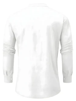 Online OUKU Men's Shirt Linen Shirt Band Collar Shirt Summer Shirt Beach Wear Solid Color Street Hawaiian Light Blue Wine Red Black White Long Sleeve Collar Summer Spring Clothing Apparel