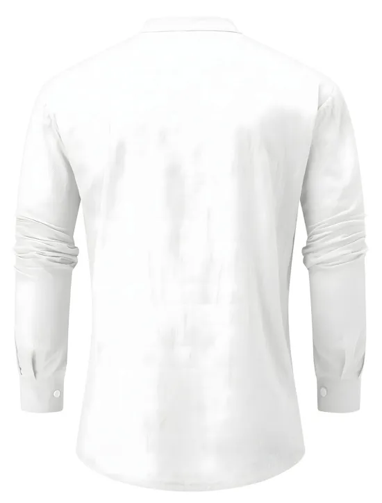 Online OUKU Men's Shirt Linen Shirt Band Collar Shirt Summer Shirt Beach Wear Solid Color Street Hawaiian Light Blue Wine Red Black White Long Sleeve Collar Summer Spring Clothing Apparel