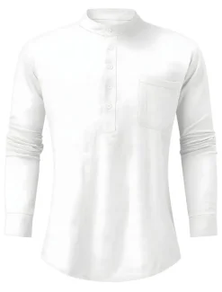 Online OUKU Men's Shirt Linen Shirt Band Collar Shirt Summer Shirt Beach Wear Solid Color Street Hawaiian Light Blue Wine Red Black White Long Sleeve Collar Summer Spring Clothing Apparel