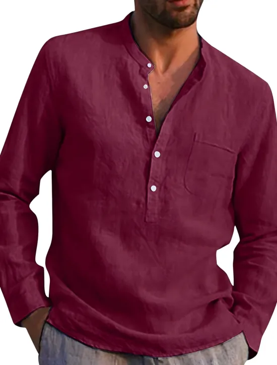 Online OUKU Men's Shirt Linen Shirt Band Collar Shirt Summer Shirt Beach Wear Solid Color Street Hawaiian Light Blue Wine Red Black White Long Sleeve Collar Summer Spring Clothing Apparel