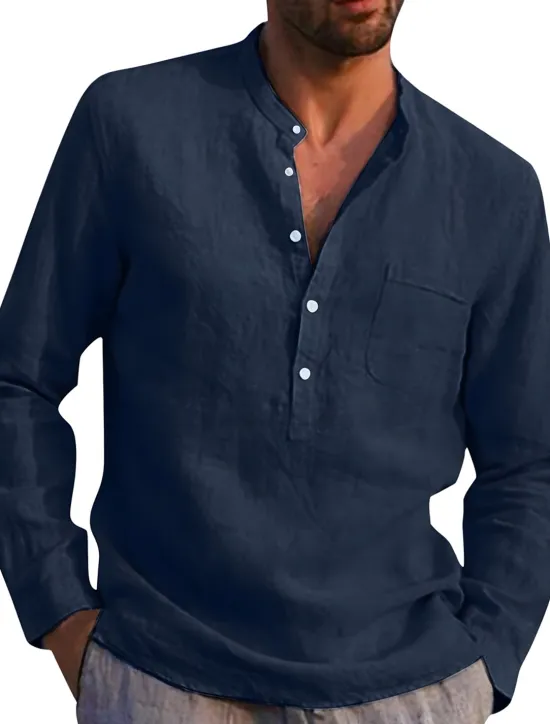 Online OUKU Men's Shirt Linen Shirt Band Collar Shirt Summer Shirt Beach Wear Solid Color Street Hawaiian Light Blue Wine Red Black White Long Sleeve Collar Summer Spring Clothing Apparel
