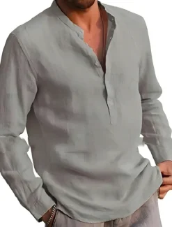 Online OUKU Men's Shirt Linen Shirt Band Collar Shirt Summer Shirt Beach Wear Solid Color Street Hawaiian Light Blue Wine Red Black White Long Sleeve Collar Summer Spring Clothing Apparel