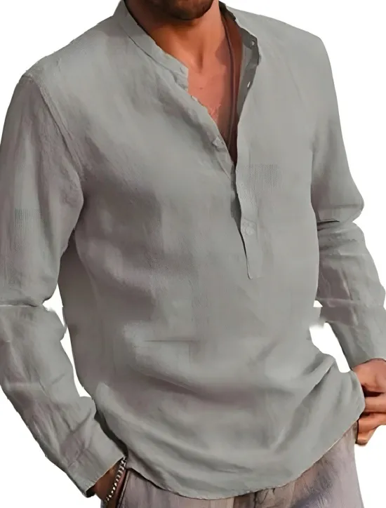 Online OUKU Men's Shirt Linen Shirt Band Collar Shirt Summer Shirt Beach Wear Solid Color Street Hawaiian Light Blue Wine Red Black White Long Sleeve Collar Summer Spring Clothing Apparel