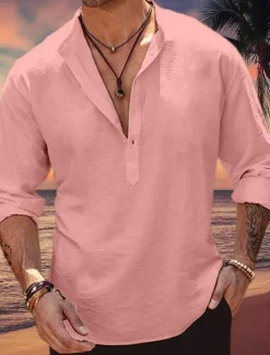 Online OUKU Men's Shirt Linen Shirt Band Collar Shirt Popover Shirt Summer Shirt Beach Wear Plain Vacation Curise Pink Blue Army Green Long Sleeve Henley Spring & Summer Clothing Apparel
