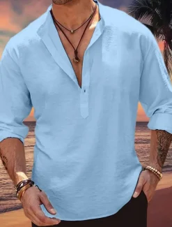 Online OUKU Men's Shirt Linen Shirt Band Collar Shirt Popover Shirt Summer Shirt Beach Wear Plain Vacation Curise Pink Blue Army Green Long Sleeve Henley Spring & Summer Clothing Apparel