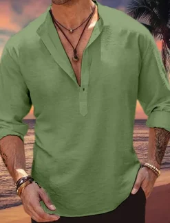 Online OUKU Men's Shirt Linen Shirt Band Collar Shirt Popover Shirt Summer Shirt Beach Wear Plain Vacation Curise Pink Blue Army Green Long Sleeve Henley Spring & Summer Clothing Apparel