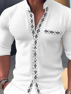 Best OUKU Men's Shirt Linen Shirt Band Collar Shirt Summer Shirt Beach Wear Casual Shirt Color Block Casual Daily Black White Blue Long Sleeve Standing Collar Spring & Summer Clothing Apparel