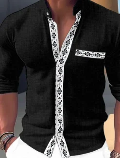 Best OUKU Men's Shirt Linen Shirt Band Collar Shirt Summer Shirt Beach Wear Casual Shirt Color Block Casual Daily Black White Blue Long Sleeve Standing Collar Spring & Summer Clothing Apparel
