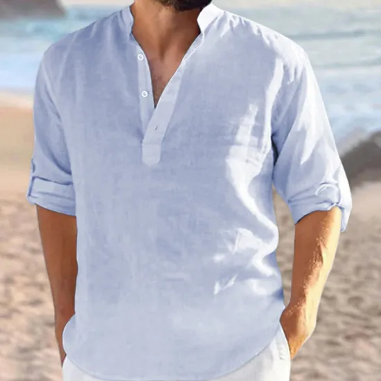 Sale OUKU Men's Shirt Linen Shirt Band Collar Shirt Summer Shirt Beach Wear Plain Vacation Curise Black White Navy Blue Blue Long Sleeve V Neck All Seasons Clothing Apparel