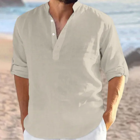 Sale OUKU Men's Shirt Linen Shirt Band Collar Shirt Summer Shirt Beach Wear Plain Vacation Curise Black White Navy Blue Blue Long Sleeve V Neck All Seasons Clothing Apparel