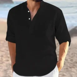 Sale OUKU Men's Shirt Linen Shirt Band Collar Shirt Summer Shirt Beach Wear Plain Vacation Curise Black White Navy Blue Blue Long Sleeve V Neck All Seasons Clothing Apparel