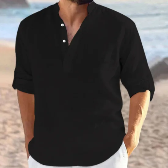 Sale OUKU Men's Shirt Linen Shirt Band Collar Shirt Summer Shirt Beach Wear Plain Vacation Curise Black White Navy Blue Blue Long Sleeve V Neck All Seasons Clothing Apparel