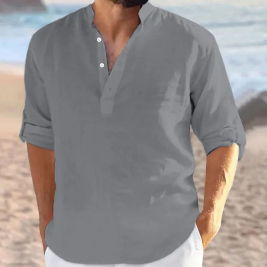 Sale OUKU Men's Shirt Linen Shirt Band Collar Shirt Summer Shirt Beach Wear Plain Vacation Curise Black White Navy Blue Blue Long Sleeve V Neck All Seasons Clothing Apparel