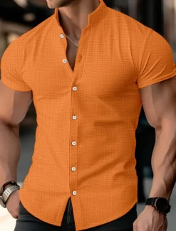 OUKU Men's Shirt Linen Shirt Band Collar Shirt Summer Shirt Beach Wear Button Up Shirt Plain Casual Daily Black White Blue Orange Short Sleeve Band Collar Summer Clothing Apparel