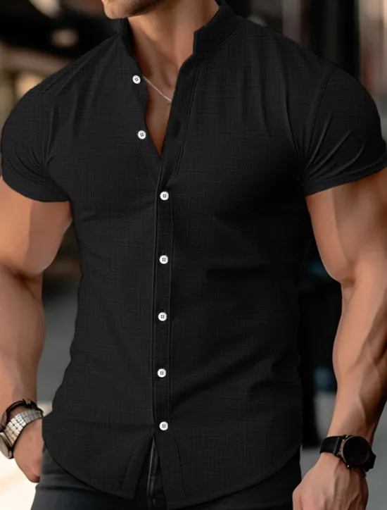 OUKU Men's Shirt Linen Shirt Band Collar Shirt Summer Shirt Beach Wear Button Up Shirt Plain Casual Daily Black White Blue Orange Short Sleeve Band Collar Summer Clothing Apparel
