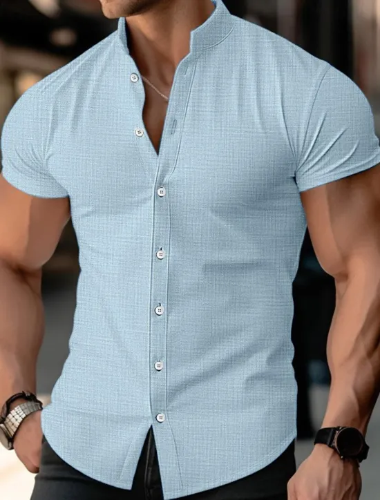 OUKU Men's Shirt Linen Shirt Band Collar Shirt Summer Shirt Beach Wear Button Up Shirt Plain Casual Daily Black White Blue Orange Short Sleeve Band Collar Summer Clothing Apparel