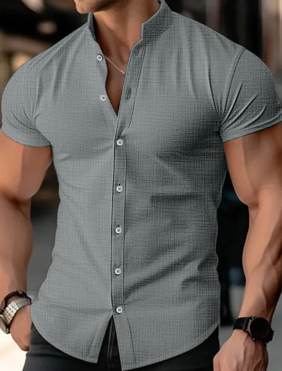 OUKU Men's Shirt Linen Shirt Band Collar Shirt Summer Shirt Beach Wear Button Up Shirt Plain Casual Daily Black White Blue Orange Short Sleeve Band Collar Summer Clothing Apparel