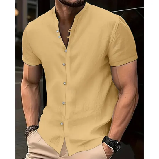 Online OUKU Men's Shirt Linen Shirt Band Collar Shirt Summer Shirt Beach Wear Button Up Shirt Plain Casual Daily Black White Yellow Blue Short Sleeve Collar Summer Clothing Apparel