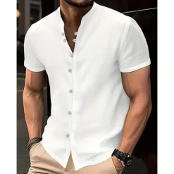 Online OUKU Men's Shirt Linen Shirt Band Collar Shirt Summer Shirt Beach Wear Button Up Shirt Plain Casual Daily Black White Yellow Blue Short Sleeve Collar Summer Clothing Apparel