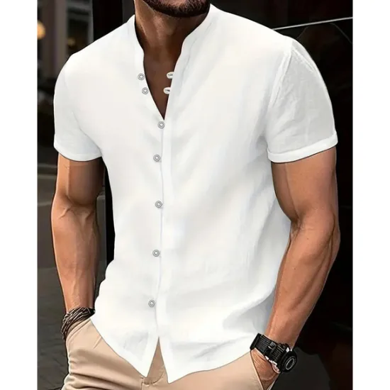 Online OUKU Men's Shirt Linen Shirt Band Collar Shirt Summer Shirt Beach Wear Button Up Shirt Plain Casual Daily Black White Yellow Blue Short Sleeve Collar Summer Clothing Apparel
