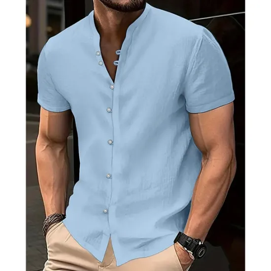Online OUKU Men's Shirt Linen Shirt Band Collar Shirt Summer Shirt Beach Wear Button Up Shirt Plain Casual Daily Black White Yellow Blue Short Sleeve Collar Summer Clothing Apparel