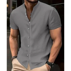 Online OUKU Men's Shirt Linen Shirt Band Collar Shirt Summer Shirt Beach Wear Button Up Shirt Plain Casual Daily Black White Yellow Blue Short Sleeve Collar Summer Clothing Apparel