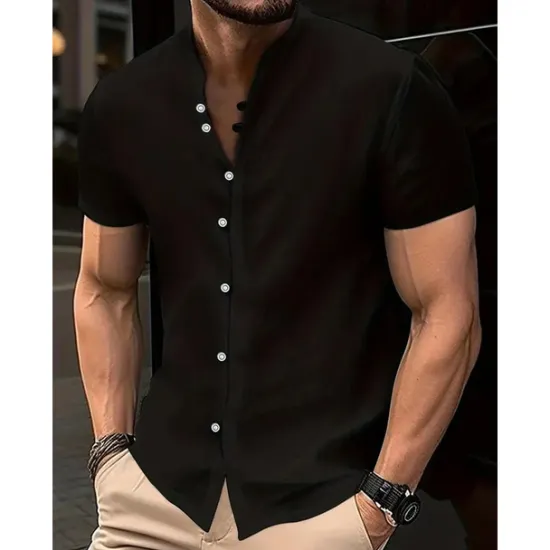 Online OUKU Men's Shirt Linen Shirt Band Collar Shirt Summer Shirt Beach Wear Button Up Shirt Plain Casual Daily Black White Yellow Blue Short Sleeve Collar Summer Clothing Apparel