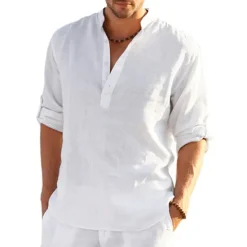 Hot OUKU Men's Shirt Linen Shirt Band Collar Shirt Popover Shirt Summer Shirt Beach Wear Solid Color Hawaiian Holiday Black White Yellow Pink Long Sleeve Henley Summer Spring Clothing Apparel Button-Down