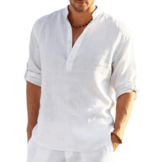 Hot OUKU Men's Shirt Linen Shirt Band Collar Shirt Popover Shirt Summer Shirt Beach Wear Solid Color Hawaiian Holiday Black White Yellow Pink Long Sleeve Henley Summer Spring Clothing Apparel Button-Down