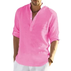 Hot OUKU Men's Shirt Linen Shirt Band Collar Shirt Popover Shirt Summer Shirt Beach Wear Solid Color Hawaiian Holiday Black White Yellow Pink Long Sleeve Henley Summer Spring Clothing Apparel Button-Down