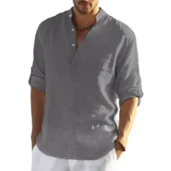 Hot OUKU Men's Shirt Linen Shirt Band Collar Shirt Popover Shirt Summer Shirt Beach Wear Solid Color Hawaiian Holiday Black White Yellow Pink Long Sleeve Henley Summer Spring Clothing Apparel Button-Down