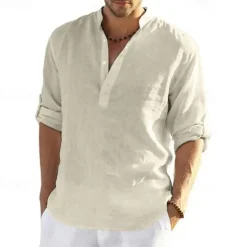 Hot OUKU Men's Shirt Linen Shirt Band Collar Shirt Popover Shirt Summer Shirt Beach Wear Solid Color Hawaiian Holiday Black White Yellow Pink Long Sleeve Henley Summer Spring Clothing Apparel Button-Down