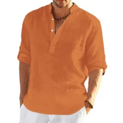 Hot OUKU Men's Shirt Linen Shirt Band Collar Shirt Popover Shirt Summer Shirt Beach Wear Solid Color Hawaiian Holiday Black White Yellow Pink Long Sleeve Henley Summer Spring Clothing Apparel Button-Down