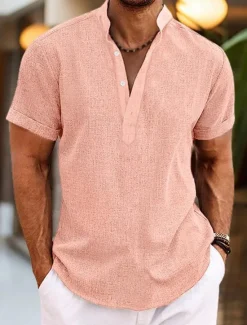 Clearance OUKU Men's Shirt Linen Shirt Band Collar Shirt Popover Shirt Summer Shirt Beach Wear Plain Vacation Casual Black White Yellow Pink Short Sleeve Henley Summer Clothing Apparel